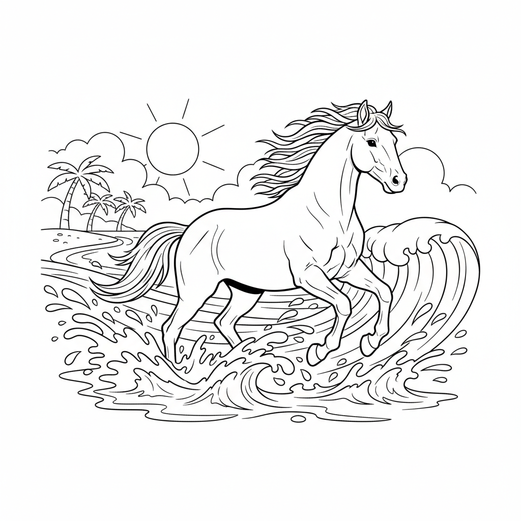 Cheval galopant dans les vagues peu profondes de l'océan, éclaboussures sur la plage - Coloriage gratuit à imprimer Cheval galopant dans les vagues peu profondes de l'océan, éclaboussures sur la plage - Coloriage gratuit à imprimer