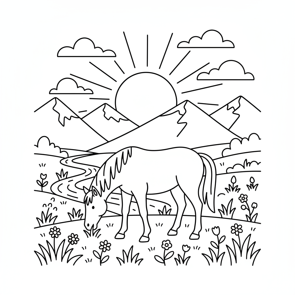 Cheval broutant paisiblement dans la lueur du coucher de soleil d'une vallée de montagne - Coloriage gratuit à imprimer