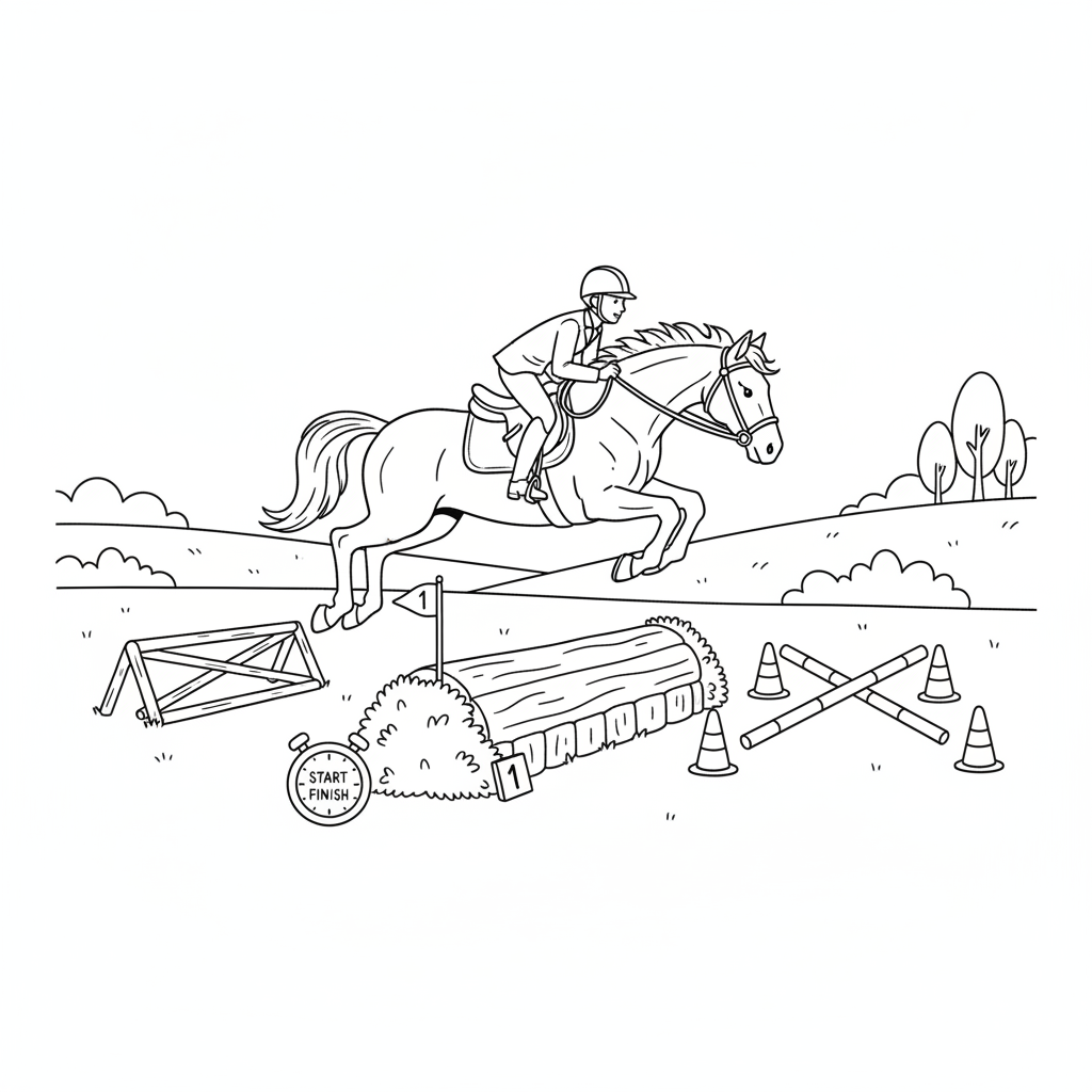 Paarden hindernisbaan training behendigheid springen - Gratis afdrukbare kleurplaat