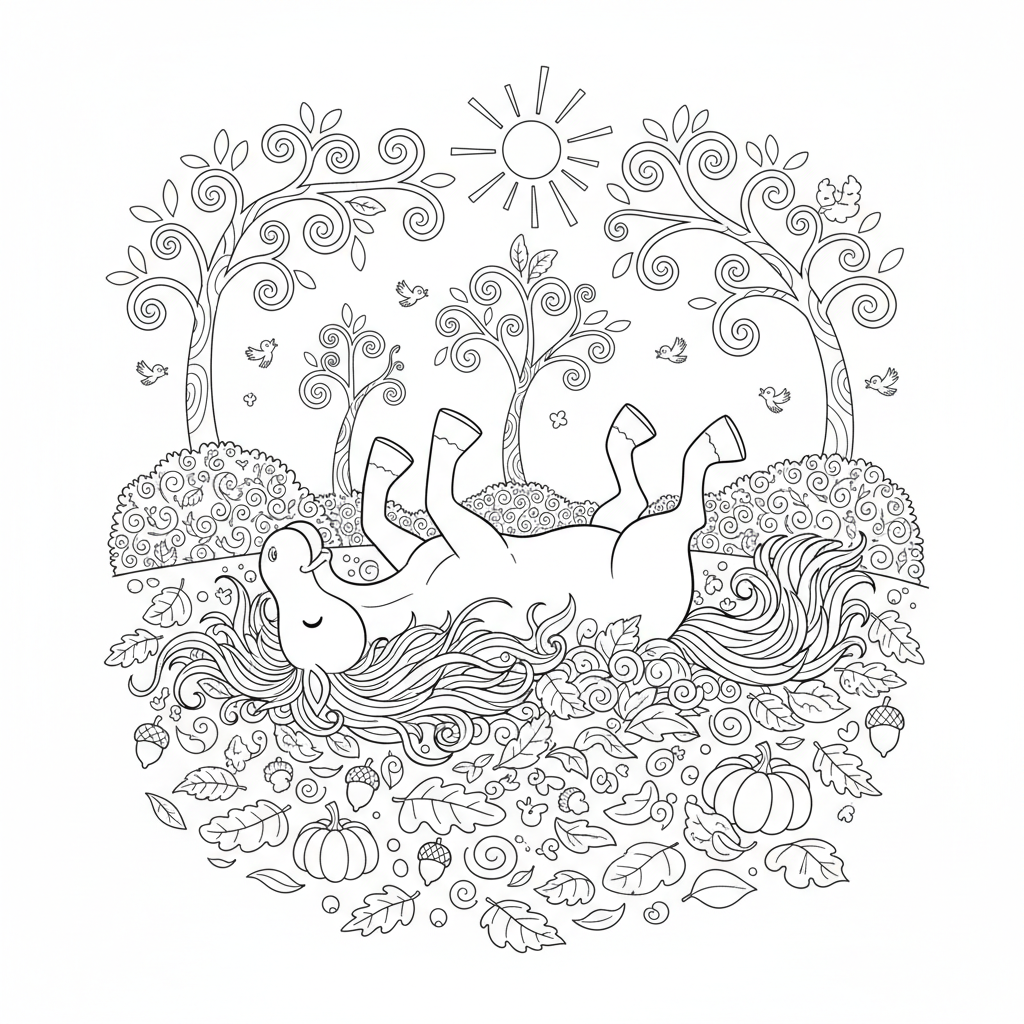 Häst som leker i höstlövfältet rullar glatt - Free Printable Coloring Page