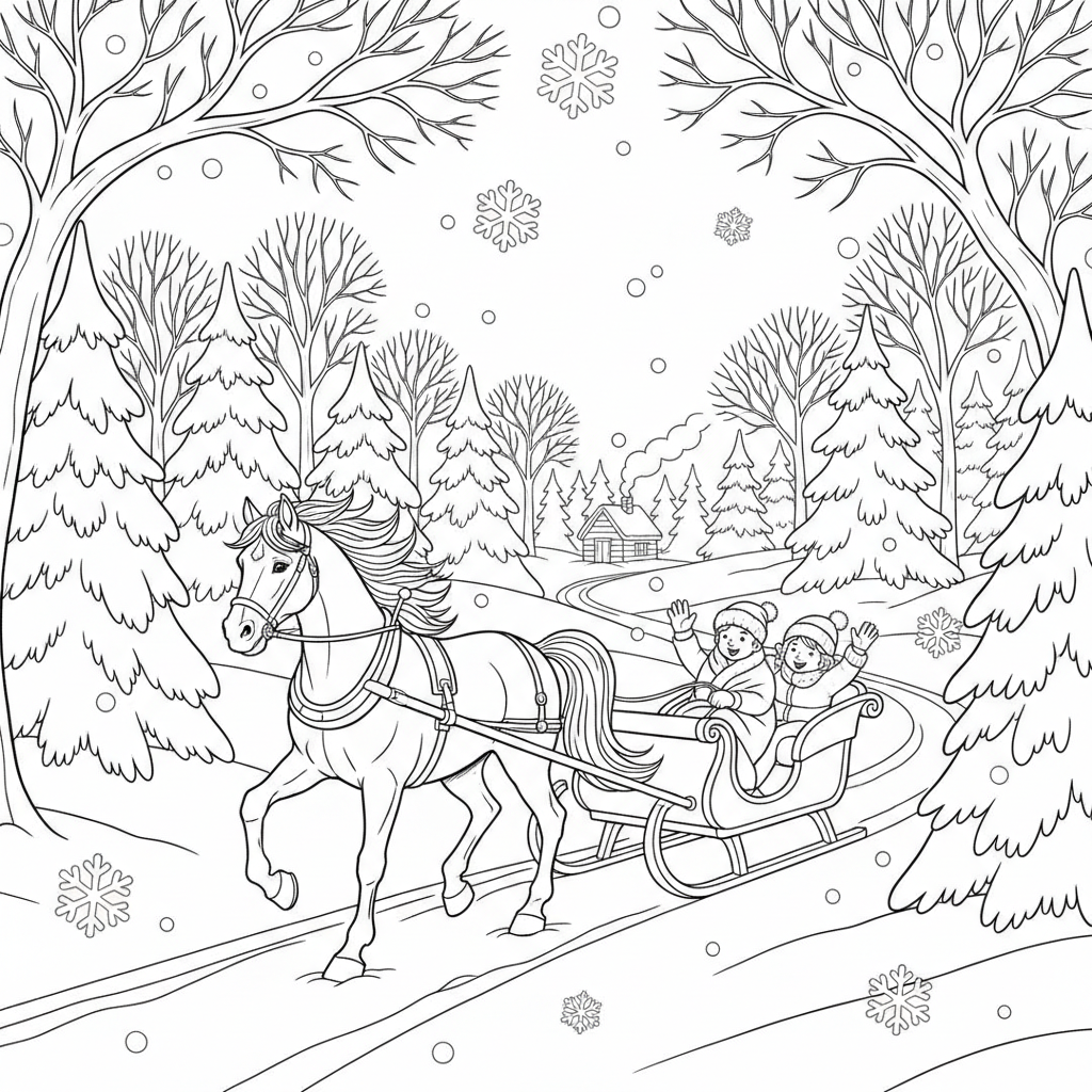 Chevaux tirant un traîneau à travers une forêt enneigée, promenade hivernale - Coloriage gratuit à imprimer