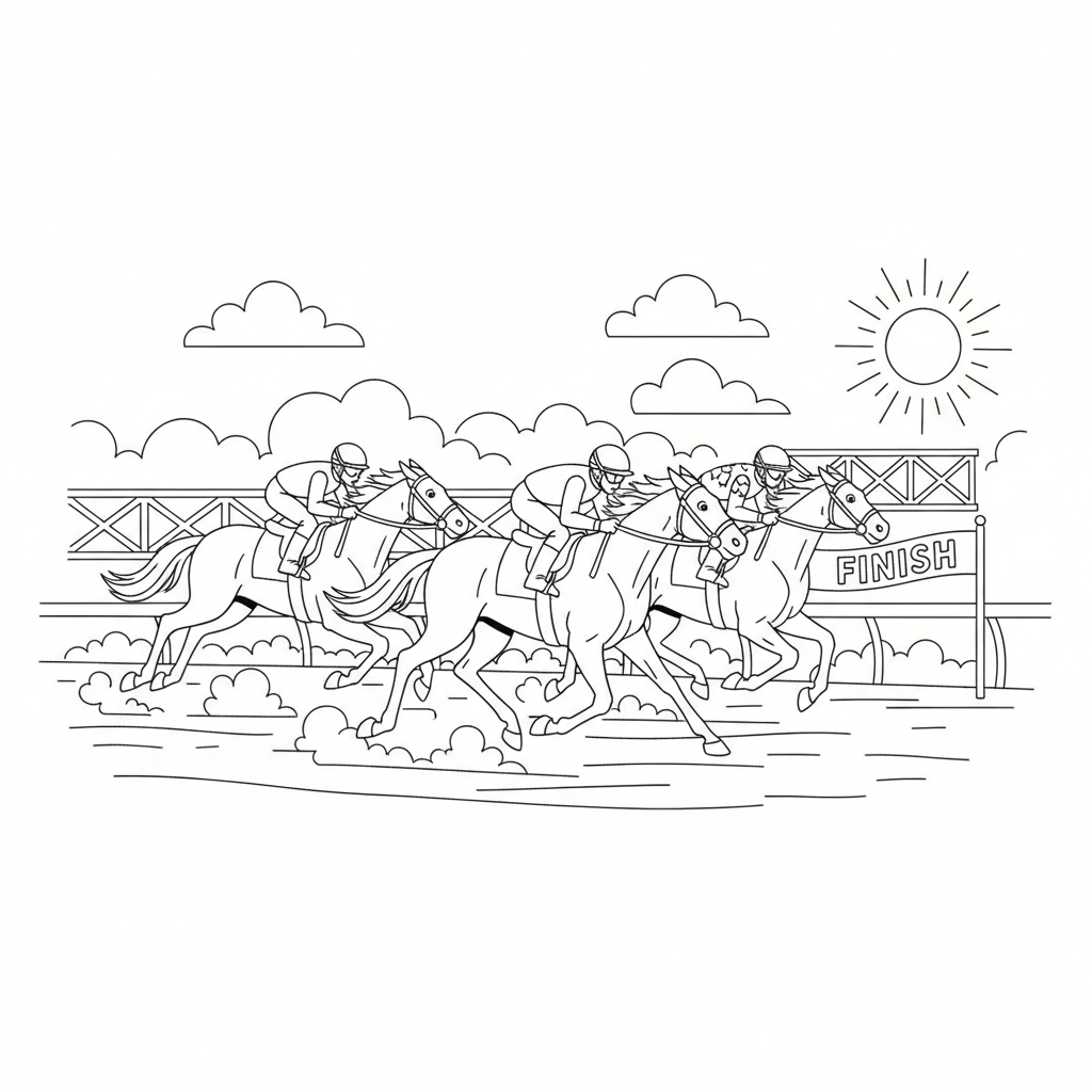 Course de chevaux sur la piste, jockey galopant à toute allure jusqu'à la ligne d'arrivée - Free Printable Coloring Page Course de chevaux sur la piste, jockey galopant à toute allure jusqu'à la ligne d'arrivée - Free Printable Coloring Page