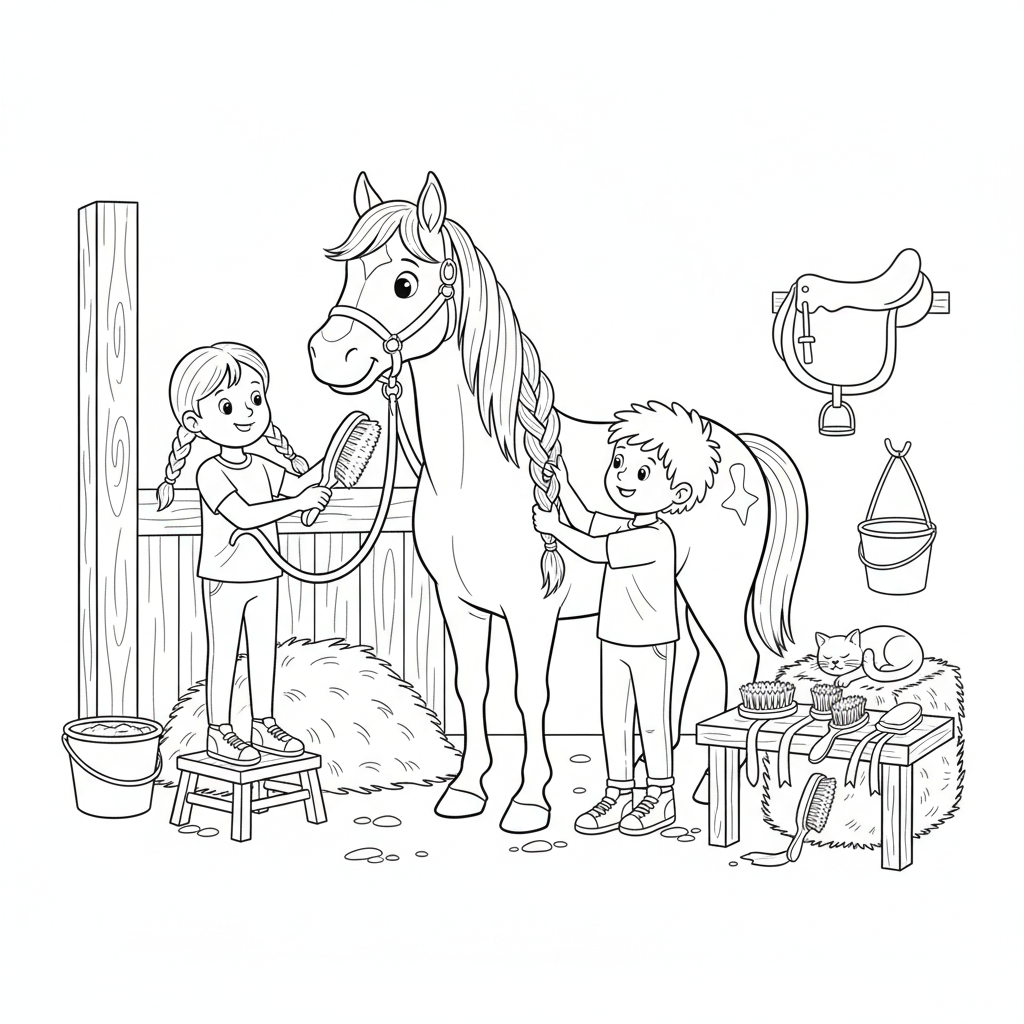 scène de pansage, brossage et tressage de la crinière d'un cheval dans une écurie - Free Printable Coloring Page scène de pansage, brossage et tressage de la crinière d'un cheval dans une écurie - Free Printable Coloring Page
