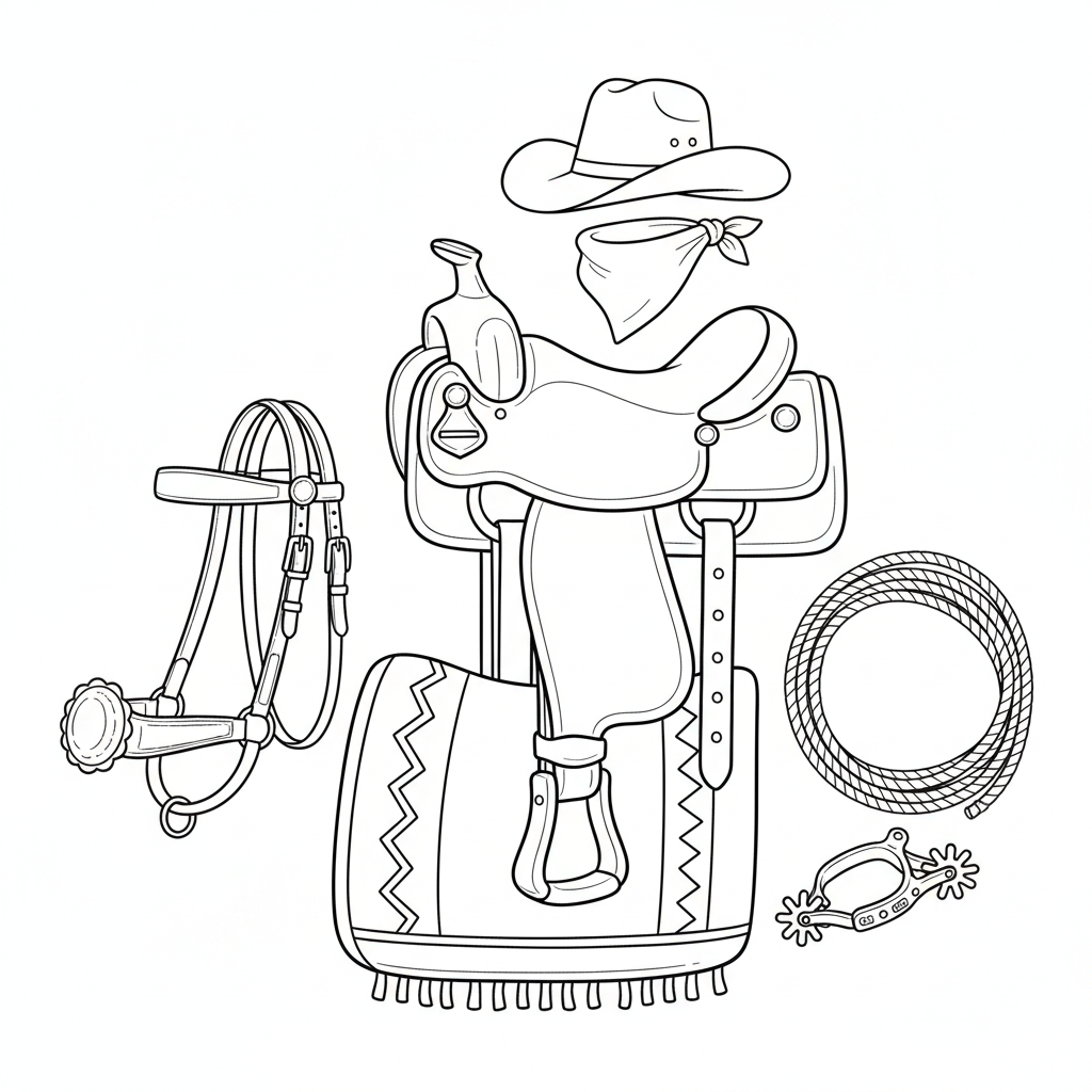 Western zadel uitrusting paard - Gratis afdrukbare kleurplaat
