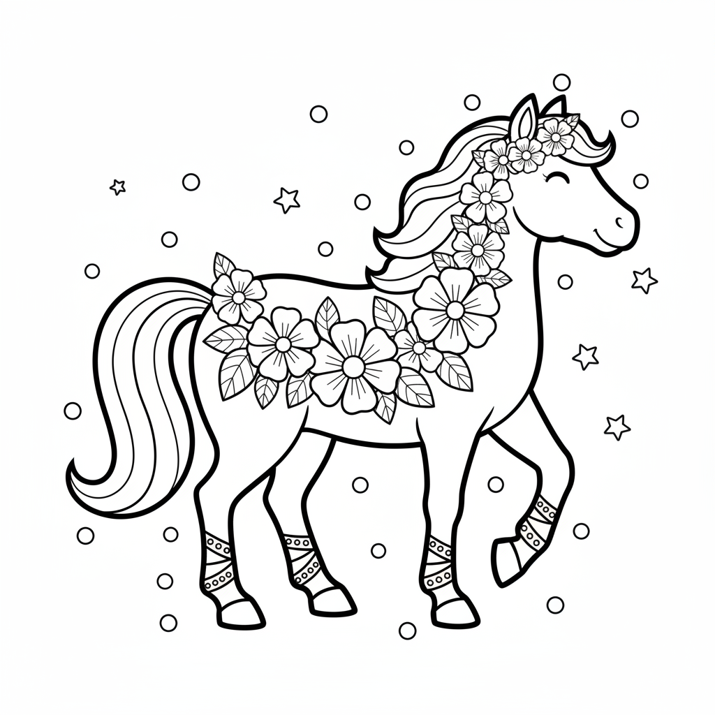 Paard met bloemenkrans feestelijk versierd - Gratis afdrukbare kleurplaat Paard met bloemenkrans feestelijk versierd - Gratis afdrukbare kleurplaat