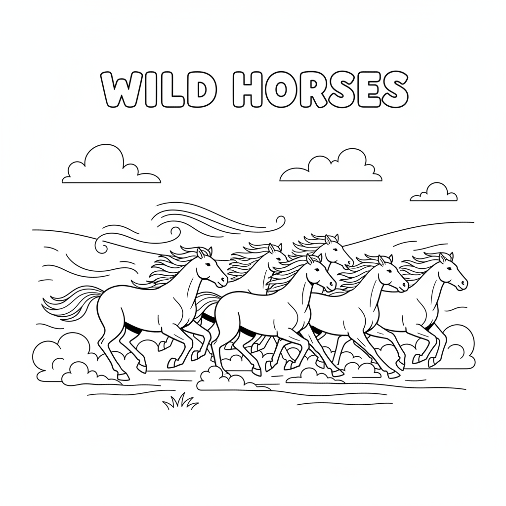 Kudde wilde paarden in vrijheid - Free Printable Coloring Page Kudde wilde paarden in vrijheid - Free Printable Coloring Page