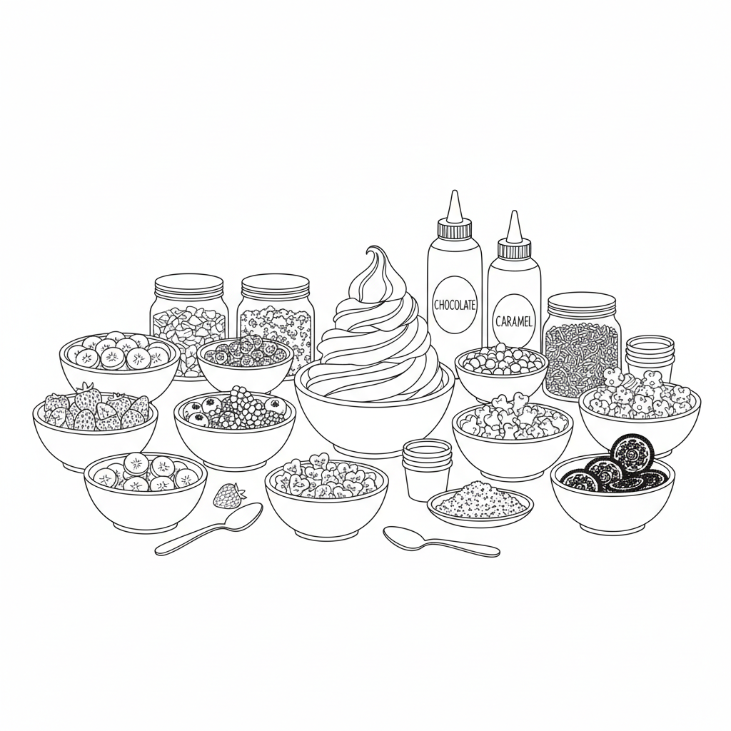 Garnitures pour bar à yaourt glacé - Coloriage gratuit à imprimer