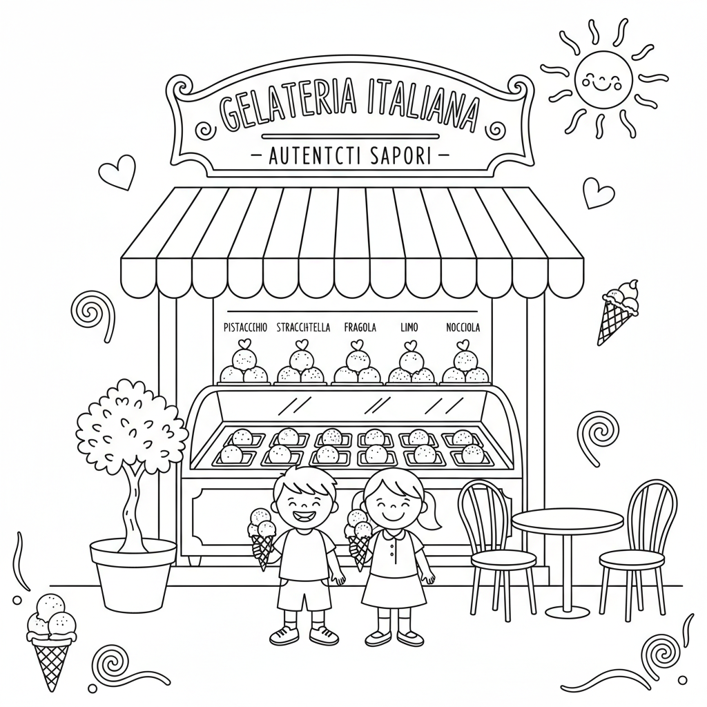 Gelato Italian shop scene authentic flavors - Free Printable Coloring Page