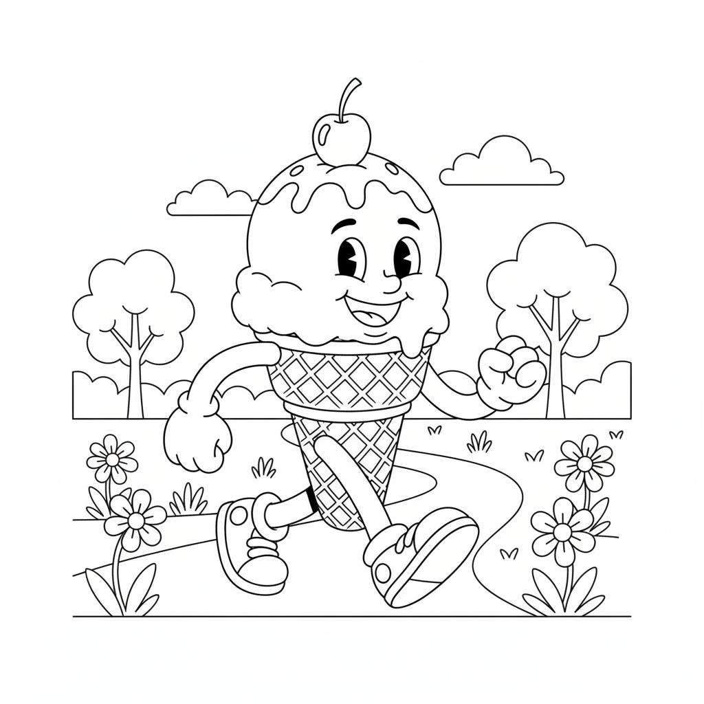 Ice Cream Character Walking - Free Printable Coloring Page Ice Cream Character Walking - Free Printable Coloring Page