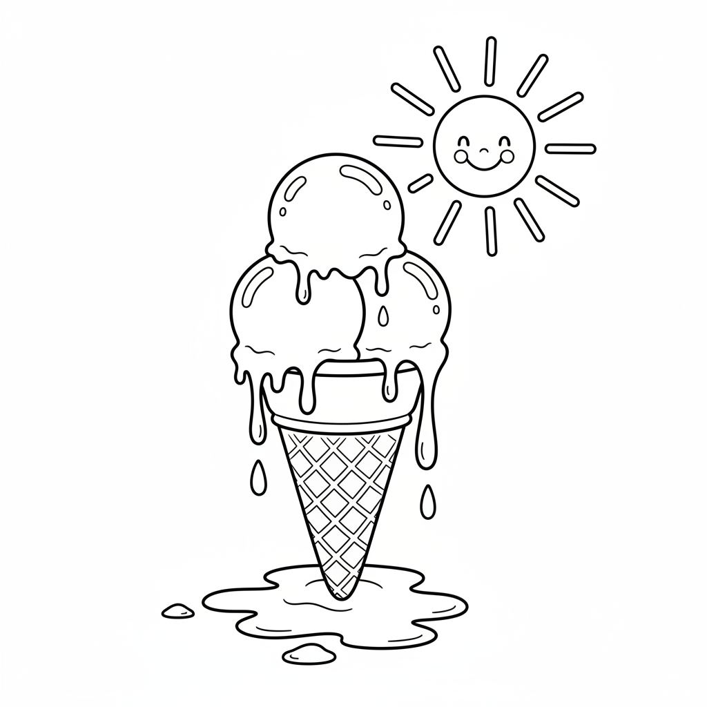 Eiswaffel schmilzt in der Sommersonne und tropft - Kostenloses druckbares Ausmalbild
