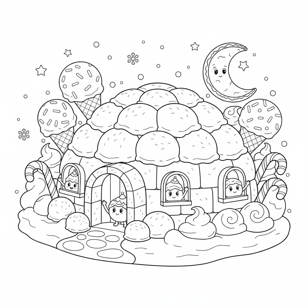 Ice cream igloo house made of scoops fantasy winter - Free Printable Coloring Page
