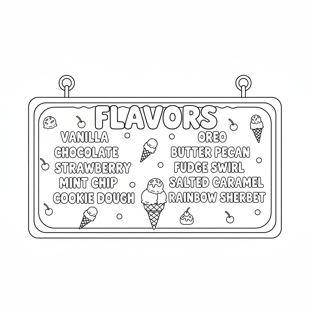 Ice cream shop menu board flavors listed - Free Printable Coloring Page