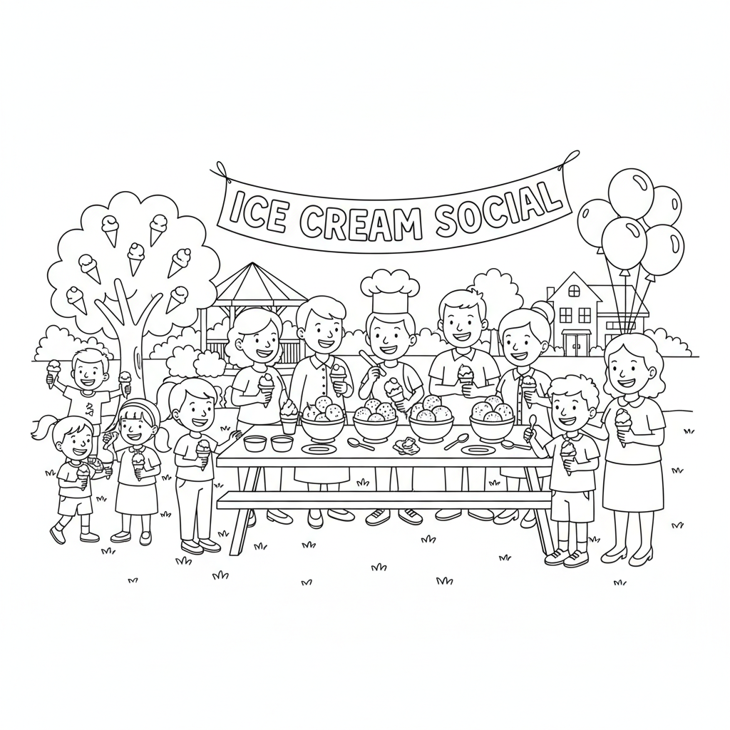 Een gezellig evenement voor de buurt, met ijsjes als thema. - Gratis afdrukbare kleurplaat
