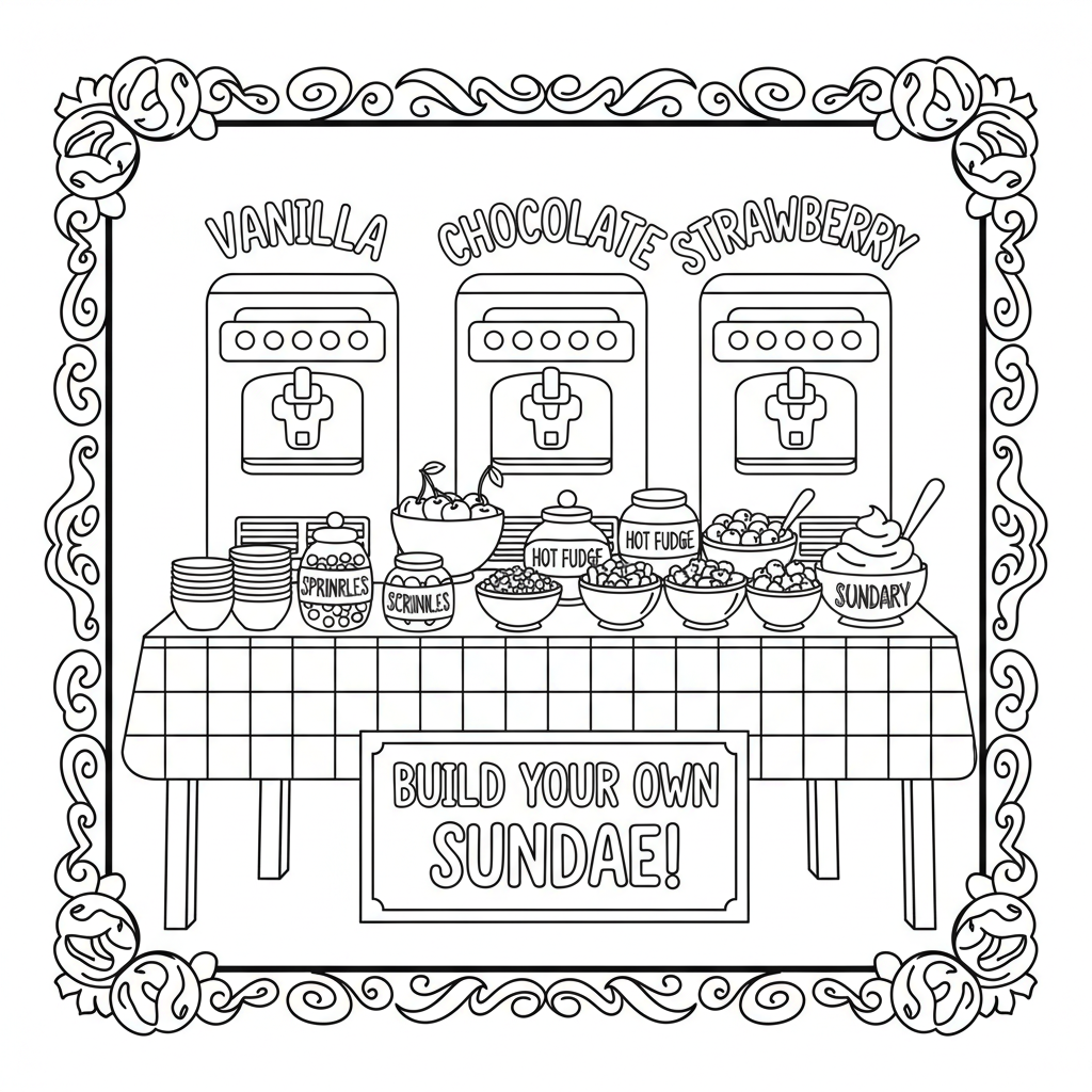 Eisbecherbar mit Buffet aller Toppings - Kostenloses druckbares Ausmalbild