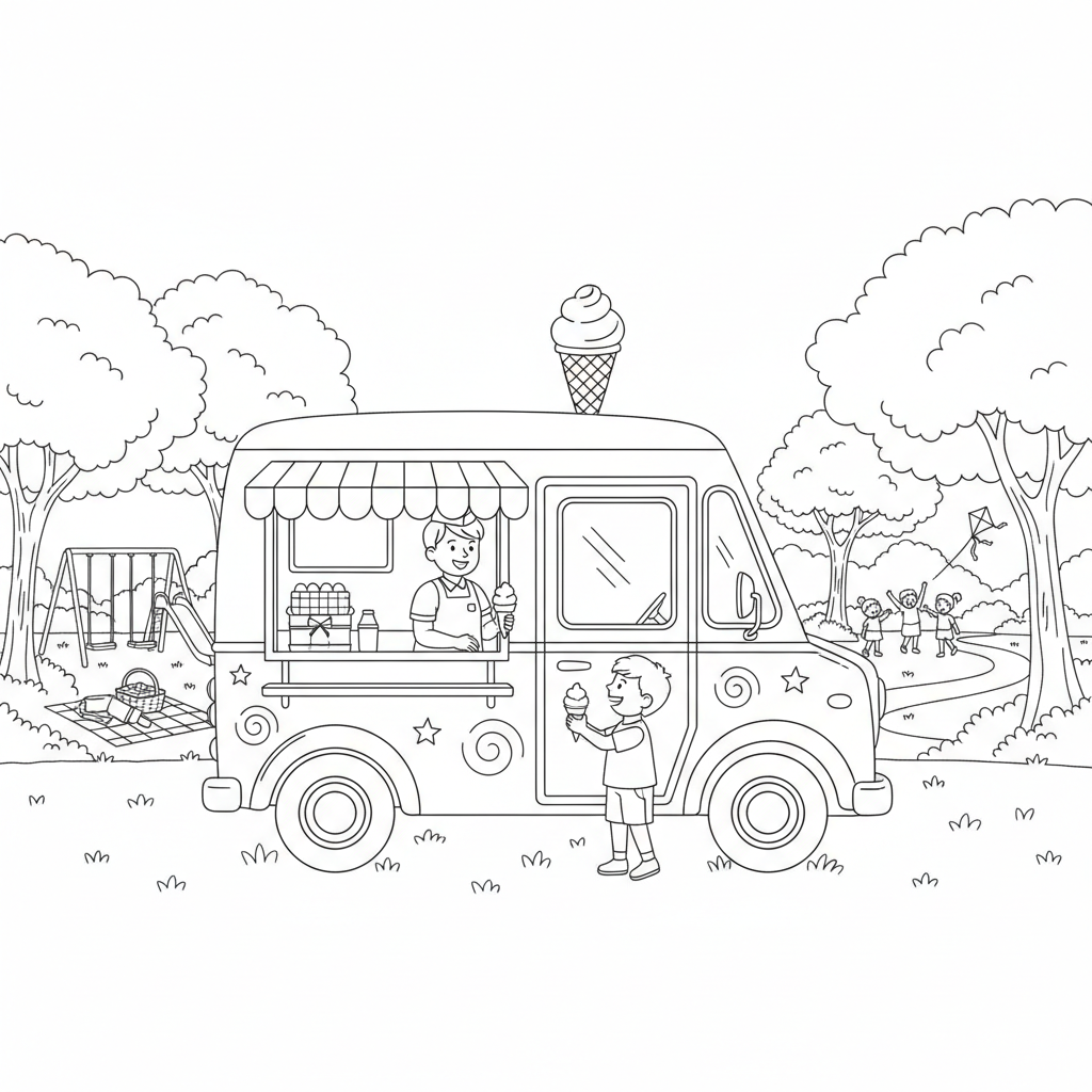 Ice Cream Truck At Park - Free Printable Coloring Page Ice Cream Truck At Park - Free Printable Coloring Page