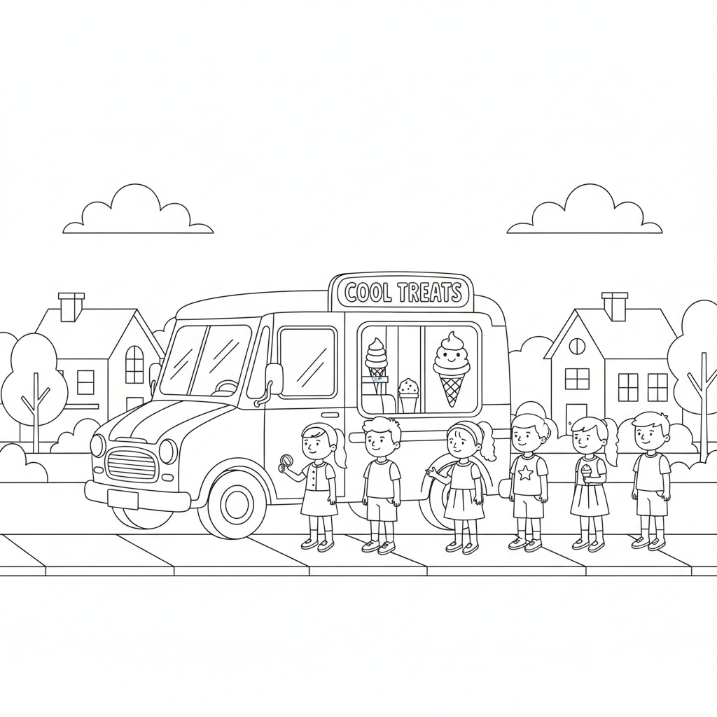 Glassbil parkerad på gatubarn som köar upp - Gratis utskrivbar målarbild