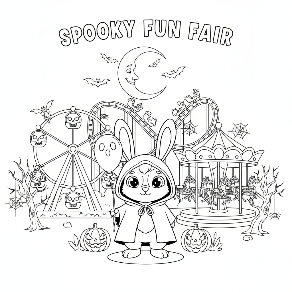 Un personaje de conejo con capucha negra en una feria con atracciones espeluznantes - Free Printable Coloring Page
