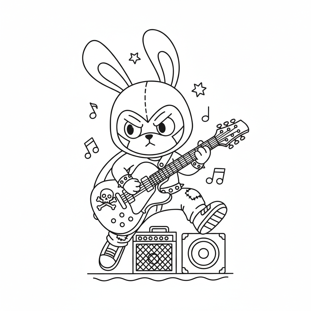 Un conejito con capucha negra tocando la guitarra eléctrica en pose de estrella del rock - Página para colorear gratis Un conejito con capucha negra tocando la guitarra eléctrica en pose de estrella del rock - Página para colorear gratis