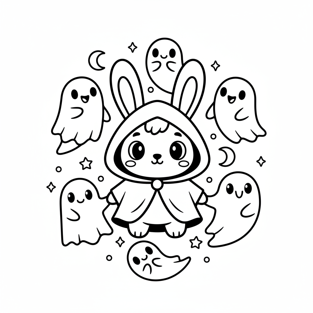 Un conejito de capucha negra rodeado de simpáticos amigos fantasmas - Página para colorear gratis Un conejito de capucha negra rodeado de simpáticos amigos fantasmas - Página para colorear gratis