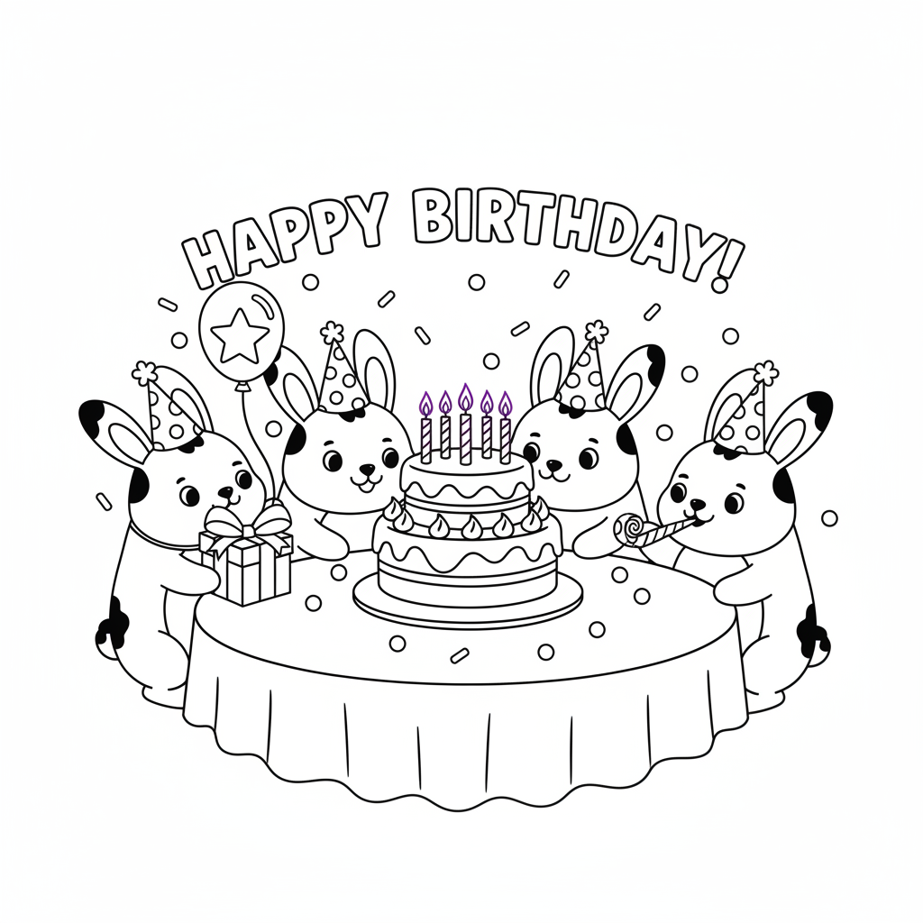Una adorable fiesta de cumpleaños con conejitos oscuros y velas moradas en el pastel. - Free Printable Coloring Page