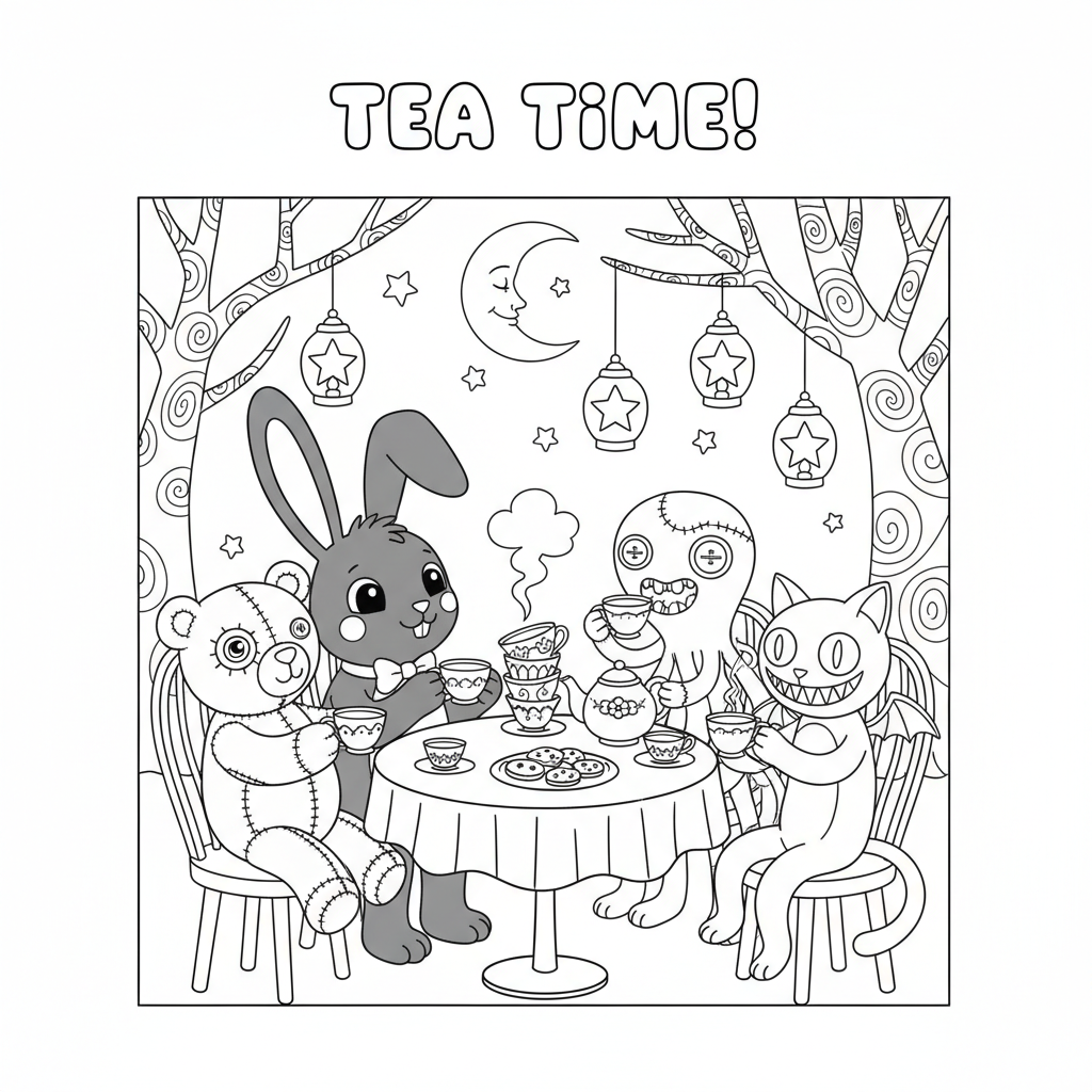 Un simpático conejito oscuro tomando el té con unos amigos espeluznantes - Página para colorear gratis Un simpático conejito oscuro tomando el té con unos amigos espeluznantes - Página para colorear gratis