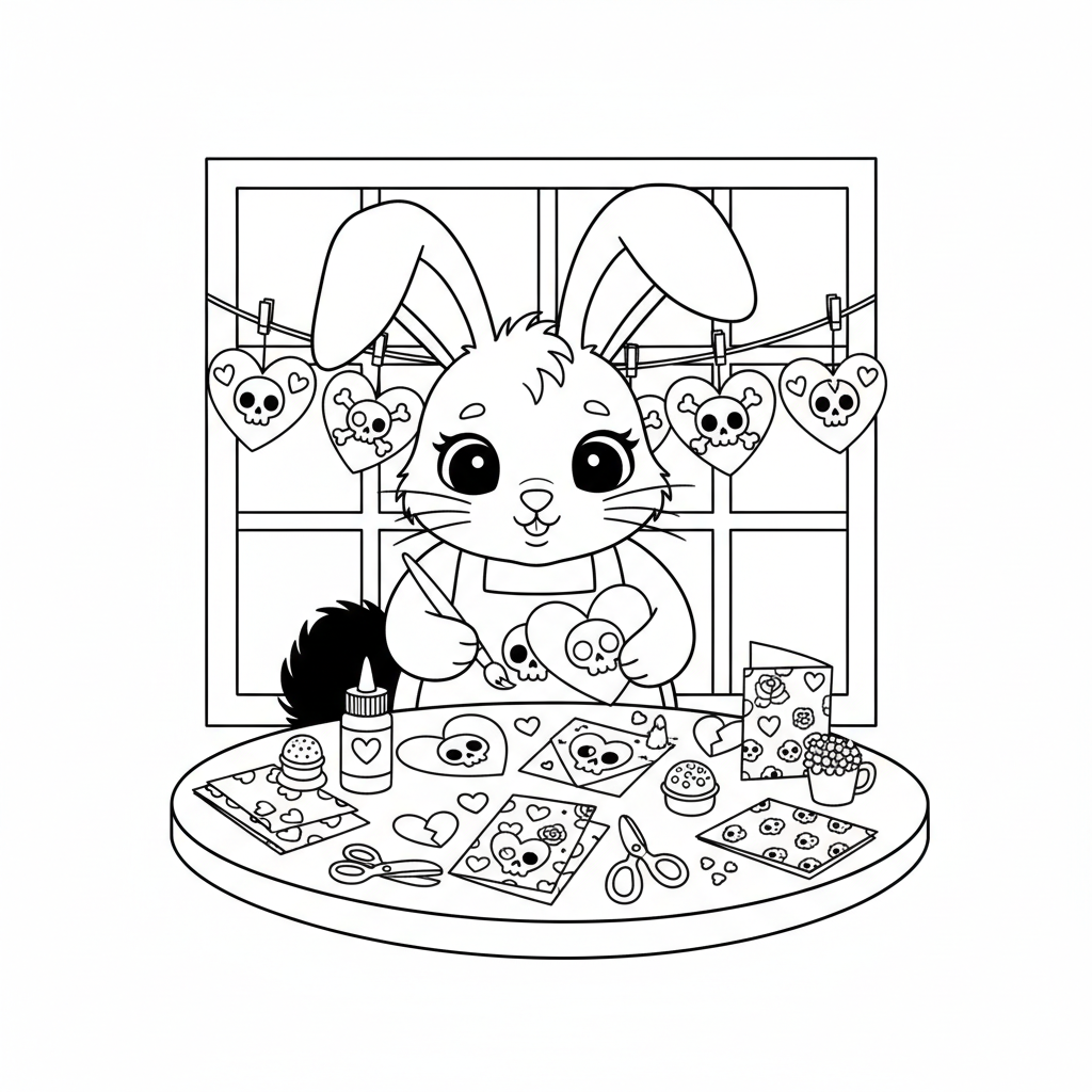 Un simpático conejito moreno haciendo manualidades de San Valentín con decoraciones de calaveras - Página para colorear gratis Un simpático conejito moreno haciendo manualidades de San Valentín con decoraciones de calaveras - Página para colorear gratis