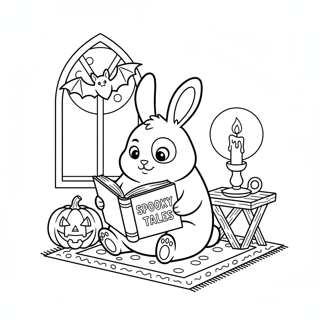 Un simpático conejito oscuro leyendo un espeluznante libro de cuentos a la luz de las velas - Página para colorear gratis Un simpático conejito oscuro leyendo un espeluznante libro de cuentos a la luz de las velas - Página para colorear gratis