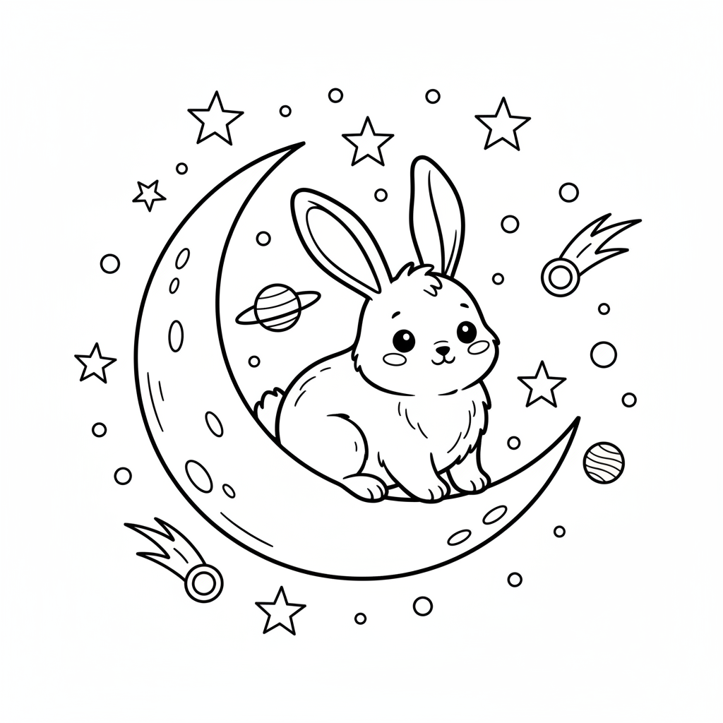 Un lindo conejito oscuro sentado en una luna creciente estrellas del cielo nocturno - Página para colorear gratis Un lindo conejito oscuro sentado en una luna creciente estrellas del cielo nocturno - Página para colorear gratis