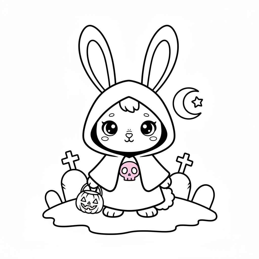 Un simpático conejito gótico de dibujos animados con capucha negra y el emblema de una calavera rosa - Página para colorear gratis Un simpático conejito gótico de dibujos animados con capucha negra y el emblema de una calavera rosa - Página para colorear gratis