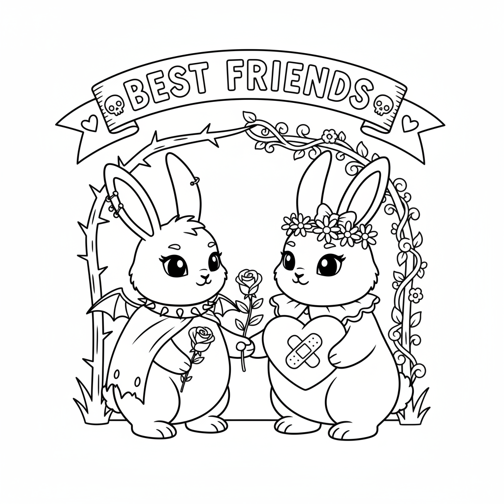Un conejito gótico y una dulce conejita como dúo opuesto de mejores amigos - Free Printable Coloring Page