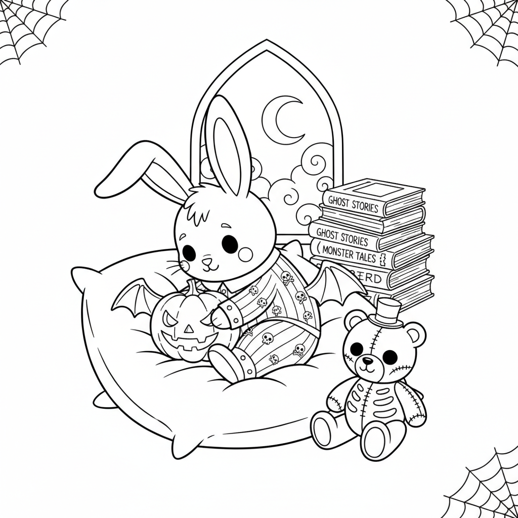 Un conejito gótico pasando la noche en una pijamada con pijamas y almohadas espeluznantes. - Free Printable Coloring Page