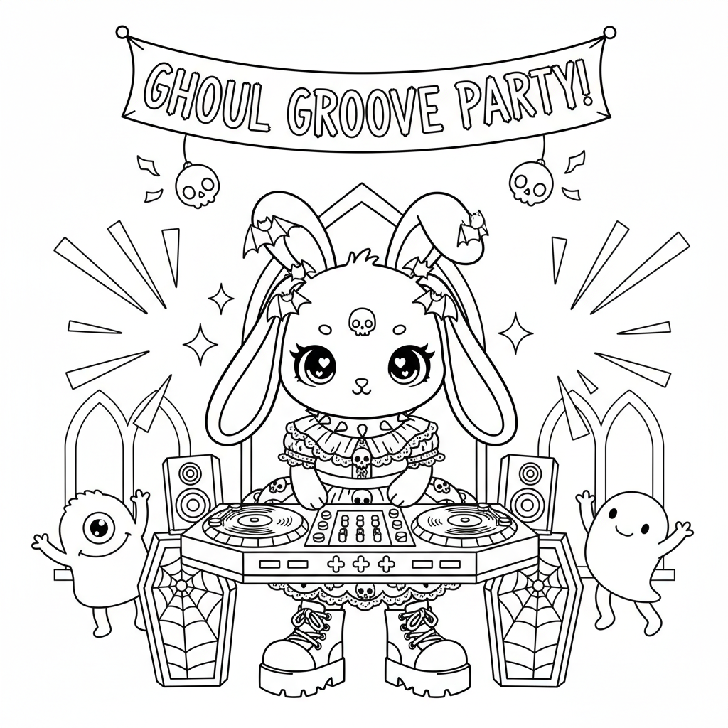 Conejito gótico kawaii DJ mezclando música en una fiesta - Página para colorear gratis Conejito gótico kawaii DJ mezclando música en una fiesta - Página para colorear gratis
