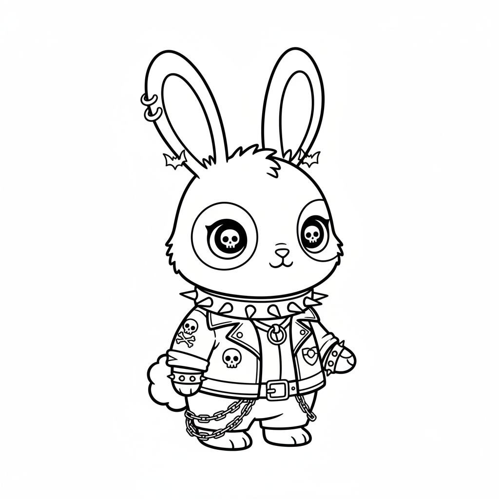 Conejita gótica kawaii vestida de punk con collar de pinchos y cadenas - Página para colorear gratis