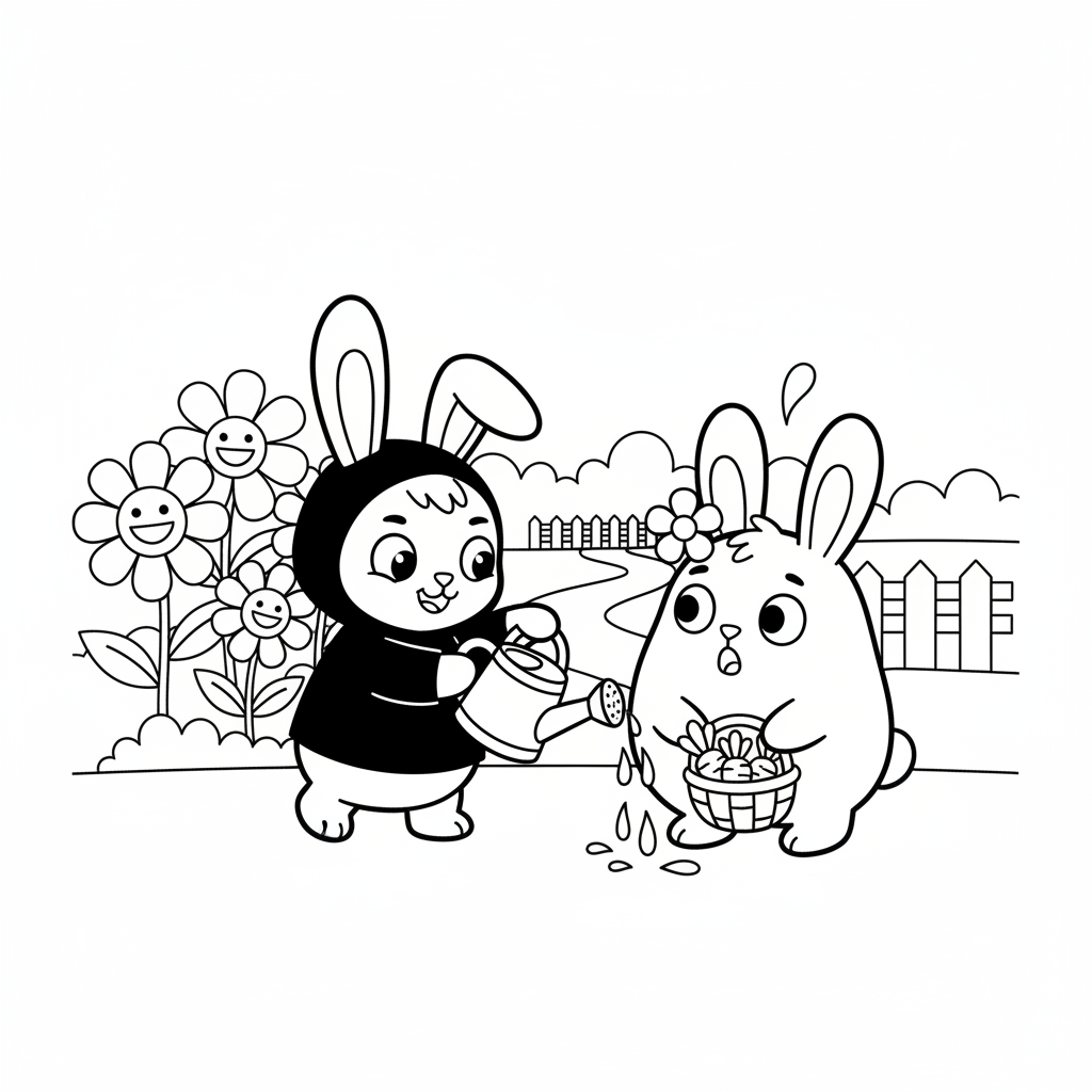 Un travieso conejito de capucha negra gastando una broma a un dulce amigo conejito rosa - Página para colorear gratis Un travieso conejito de capucha negra gastando una broma a un dulce amigo conejito rosa - Página para colorear gratis