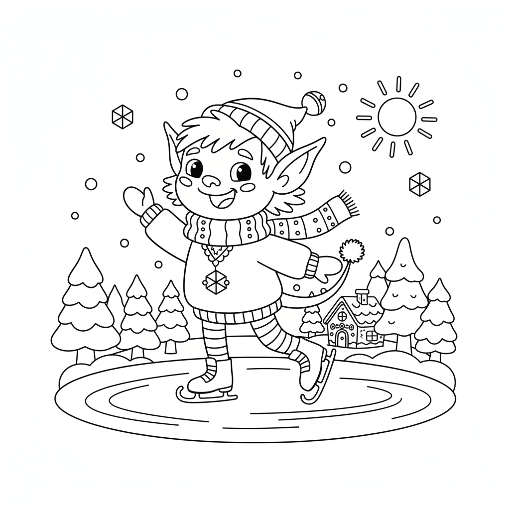 A cute elf monster ice skating on a frozen pond winter - Free Printable Coloring Page A cute elf monster ice skating on a frozen pond winter - Free Printable Coloring Page