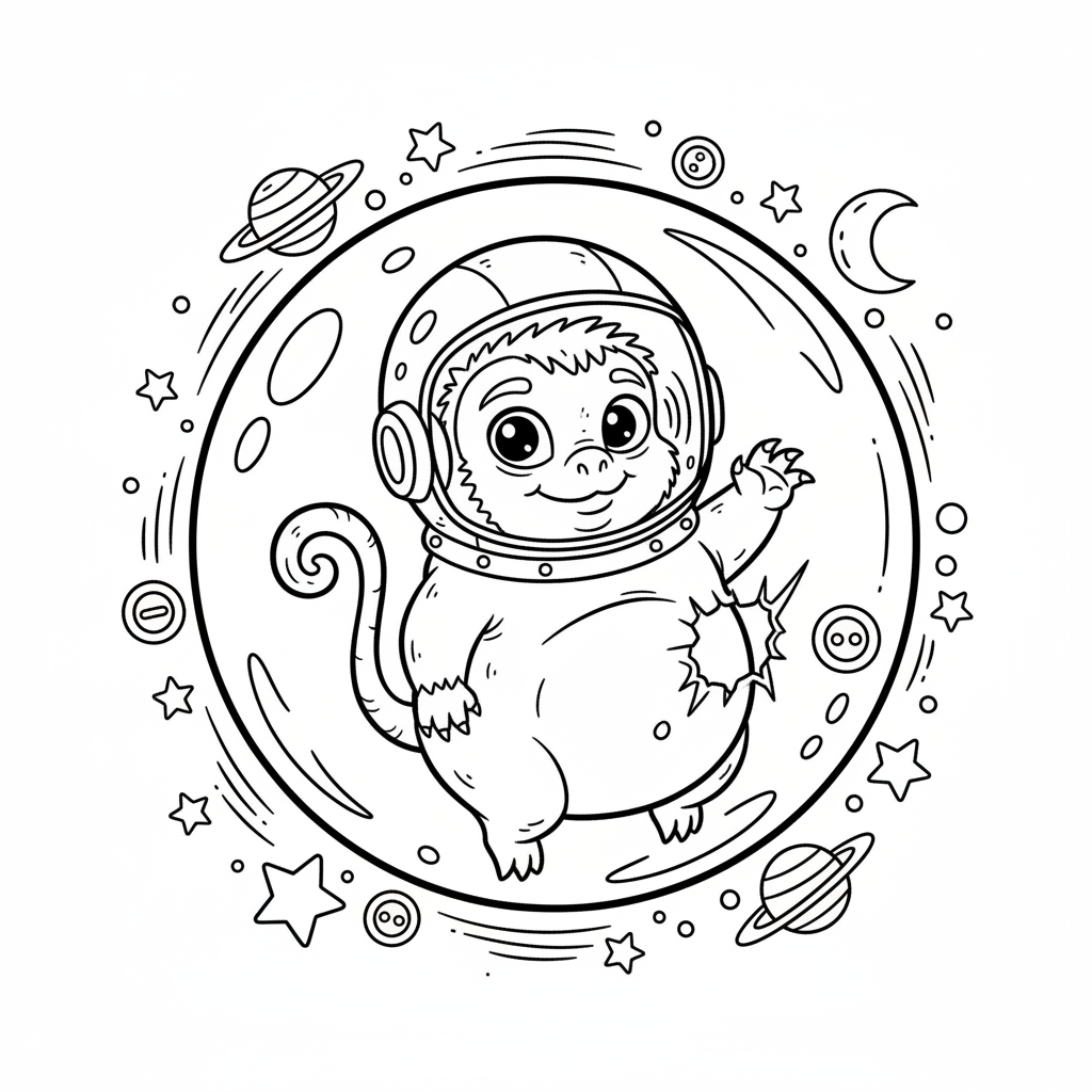 A cute mischievous creature astronaut floating space bubble - Free Printable Coloring Page A cute mischievous creature astronaut floating space bubble - Free Printable Coloring Page