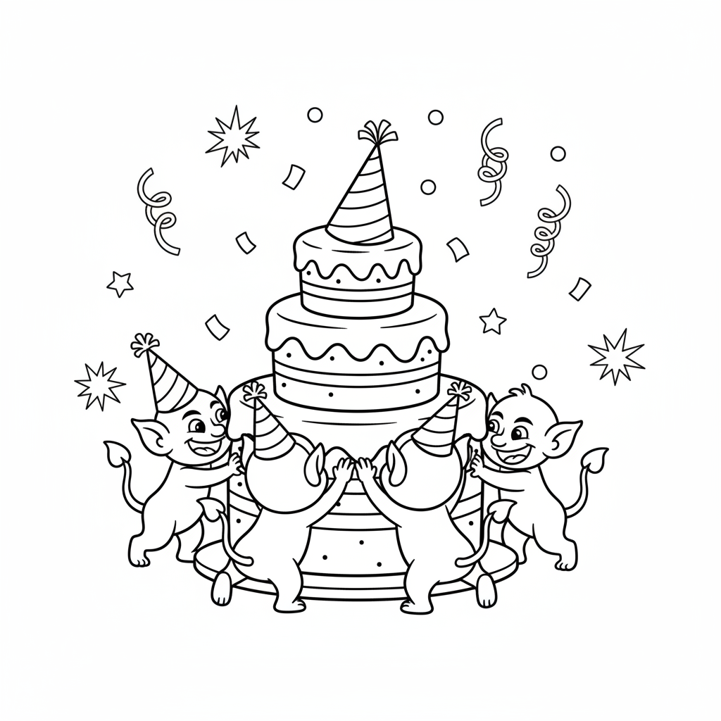 A cute mischievous creature birthday party hat cake friends - Free Printable Coloring Page A cute mischievous creature birthday party hat cake friends - Free Printable Coloring Page