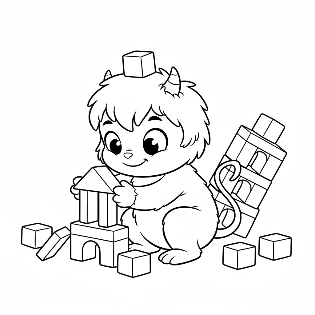 A cute mischievous creature building tiny house from blocks - Free Printable Coloring Page A cute mischievous creature building tiny house from blocks - Free Printable Coloring Page