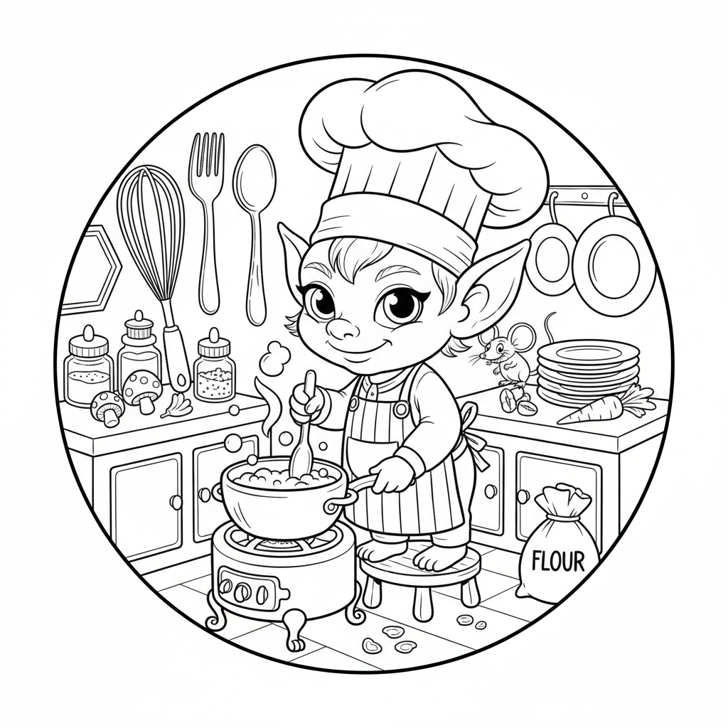 A cute mischievous creature cooking tiny meal in pot kitchen - Free Printable Coloring Page
