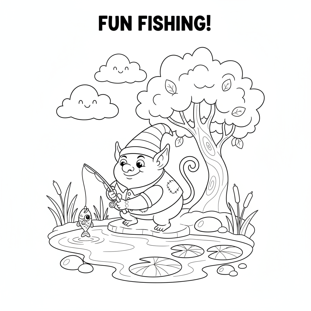 A cute mischievous creature fishing at pond with tiny rod - Free Printable Coloring Page A cute mischievous creature fishing at pond with tiny rod - Free Printable Coloring Page