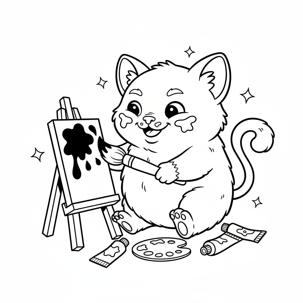 A cute mischievous creature painting on tiny canvas art easel - Free Printable Coloring Page A cute mischievous creature painting on tiny canvas art easel - Free Printable Coloring Page
