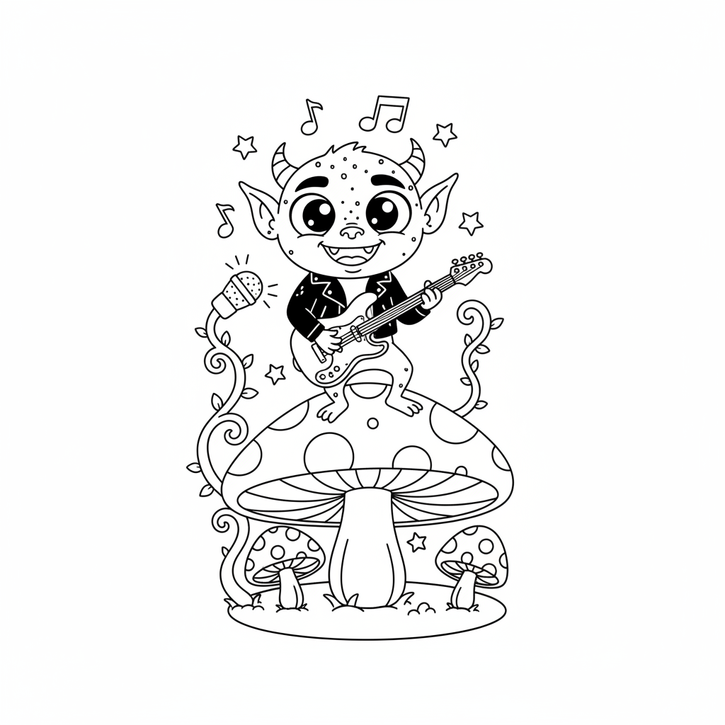 A cute mischievous creature playing guitar on mushroom stage - Free Printable Coloring Page