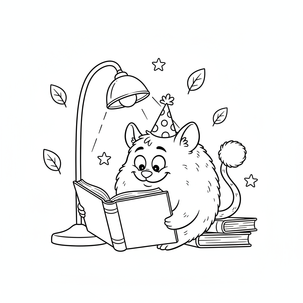 A cute mischievous creature reading book under tiny lamp night - Free Printable Coloring Page A cute mischievous creature reading book under tiny lamp night - Free Printable Coloring Page