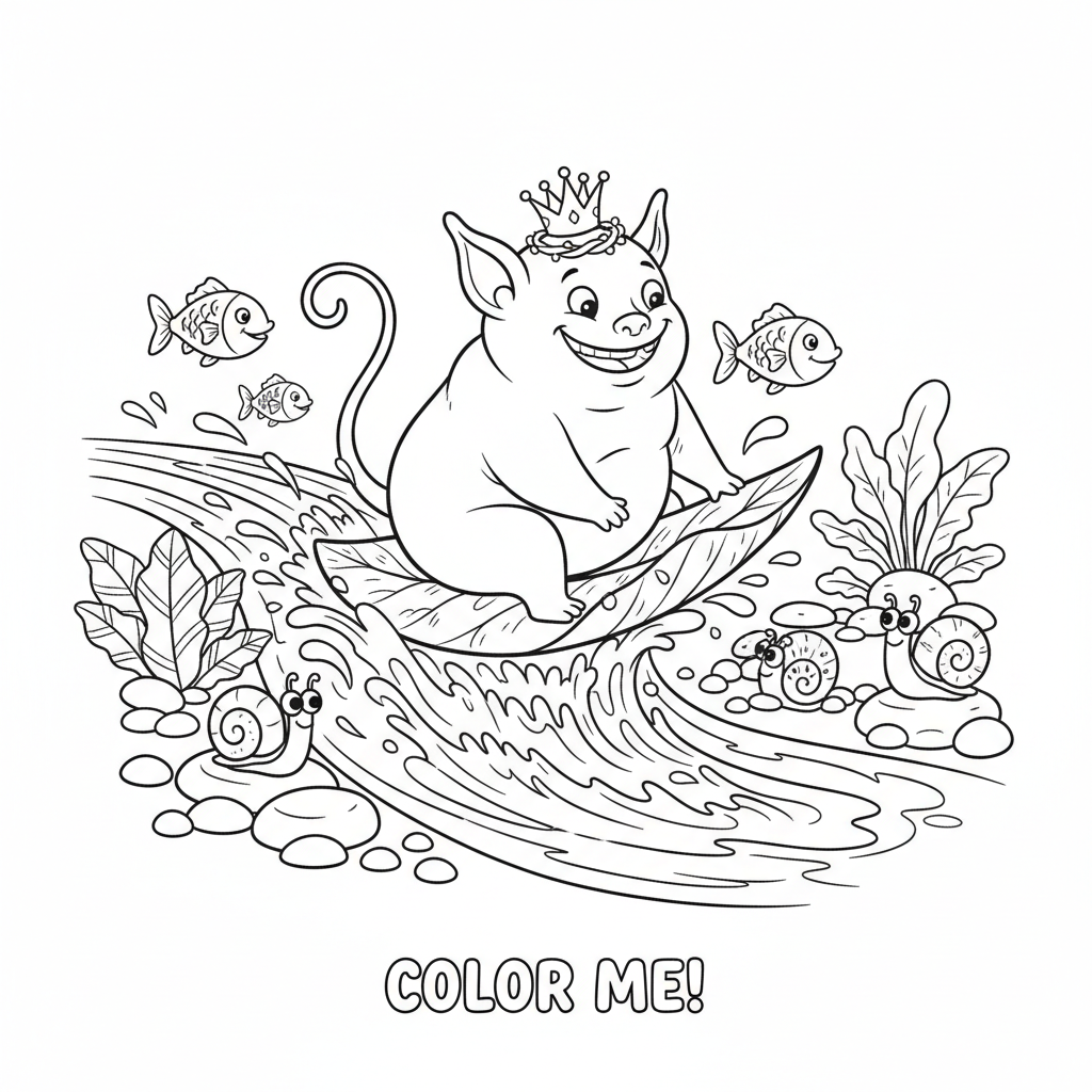 A cute mischievous creature surfing on leaf down stream river - Free Printable Coloring Page A cute mischievous creature surfing on leaf down stream river - Free Printable Coloring Page