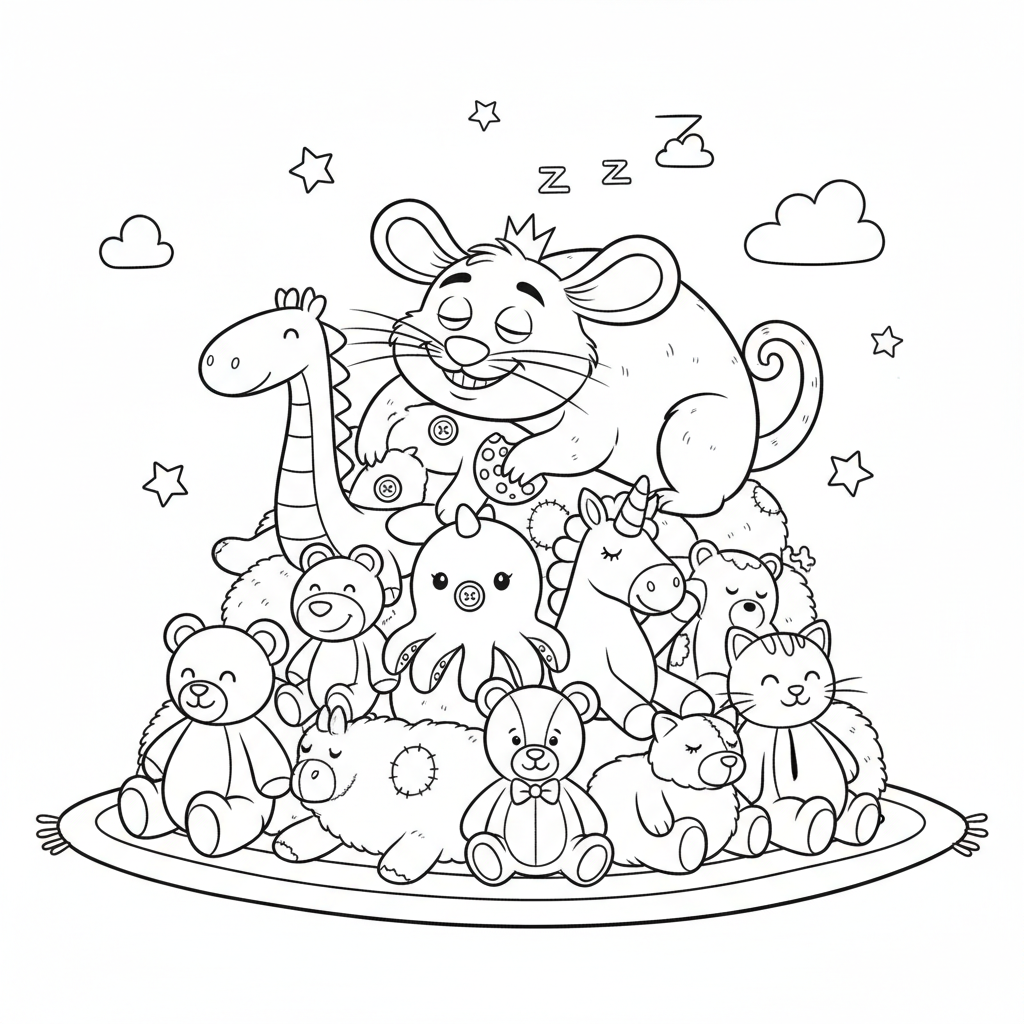 A cute mischievous creature taking a nap on a pile of stuffed animals - Free Printable Coloring Page