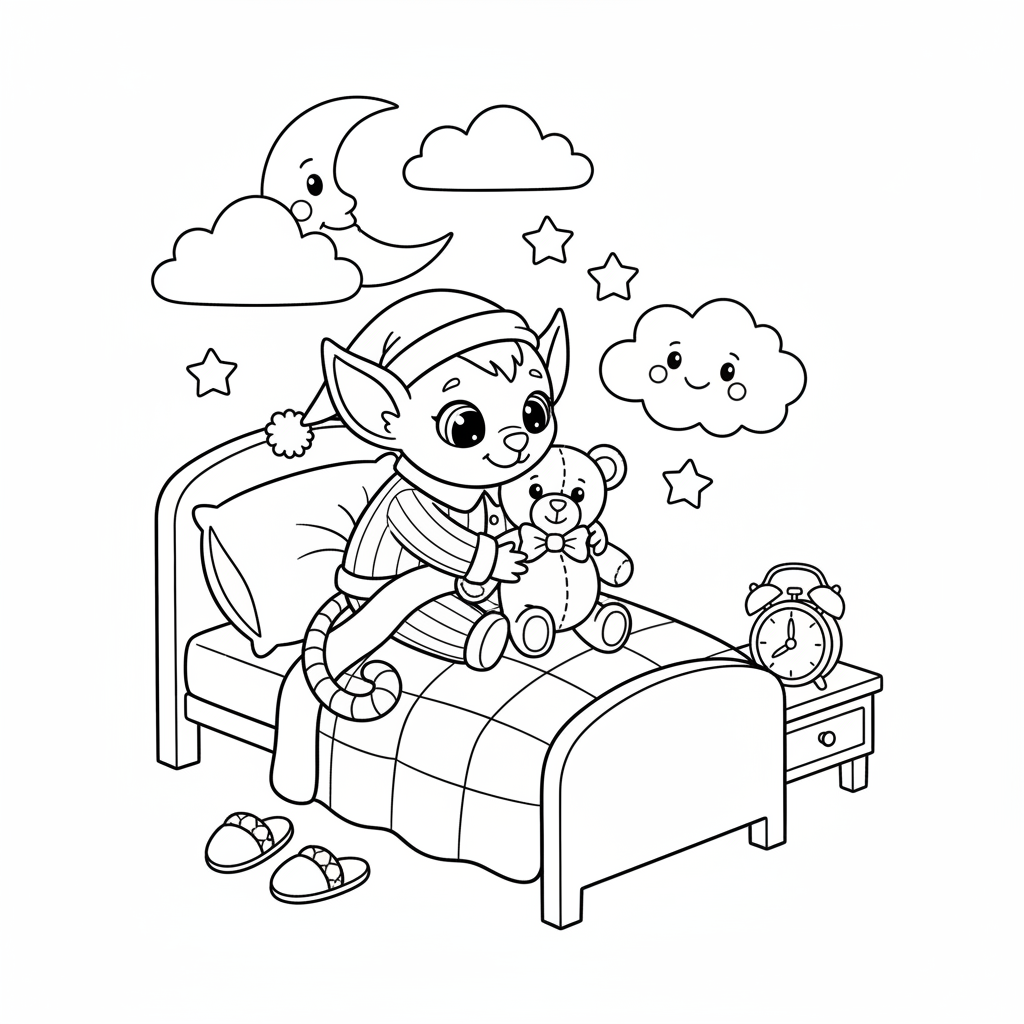 A cute pointy-eared creature in pajamas hugging a teddy bear bedtime - Free Printable Coloring Page A cute pointy-eared creature in pajamas hugging a teddy bear bedtime - Free Printable Coloring Page