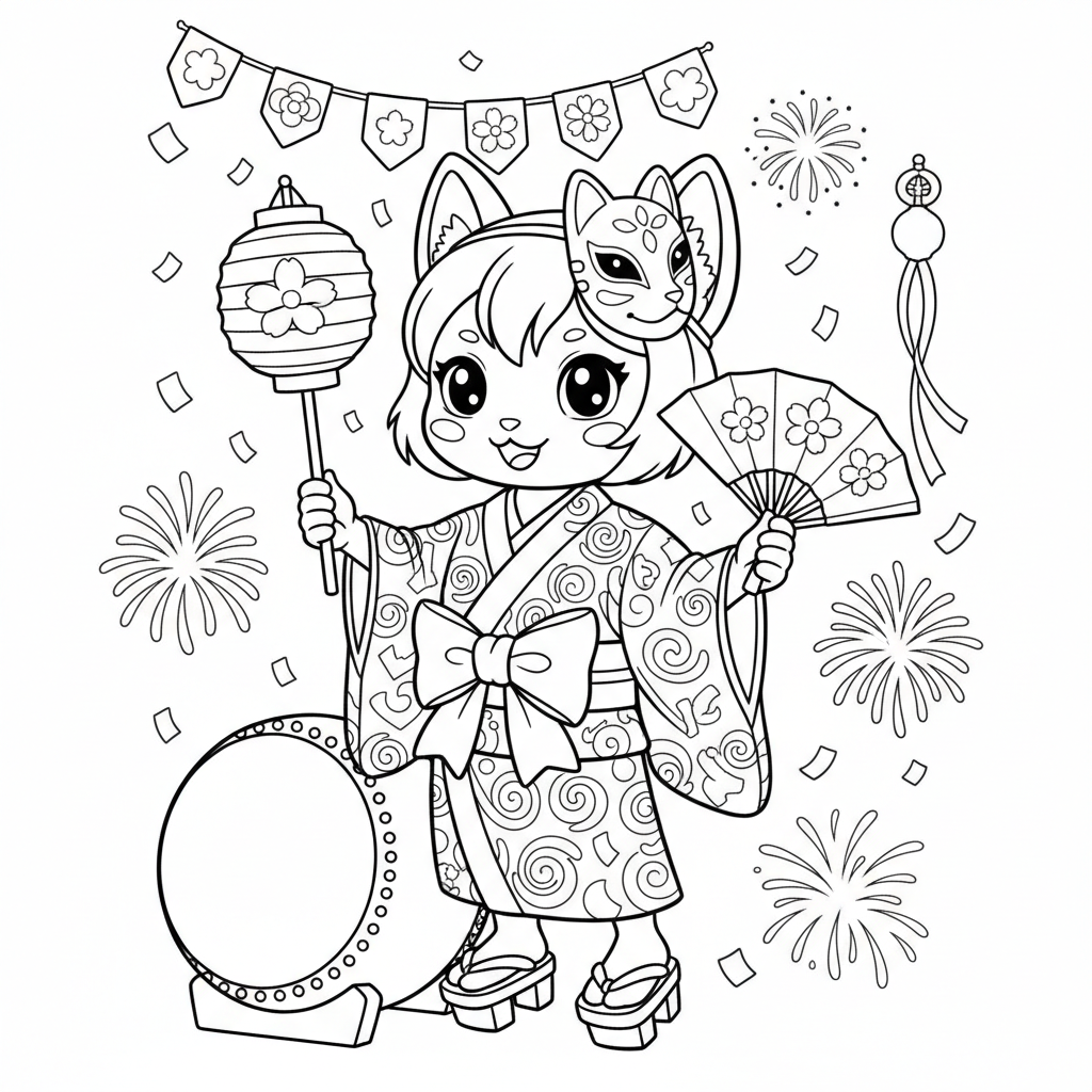 A cute pointy-eared creature in traditional outfit festival celebration - Free Printable Coloring Page
