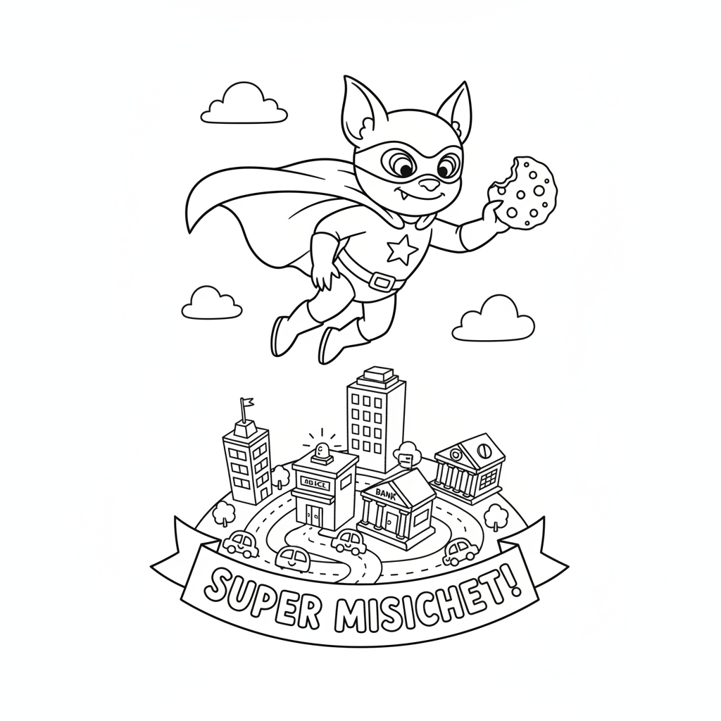 A mischievous creature in superhero cape flying through tiny city - Free Printable Coloring Page