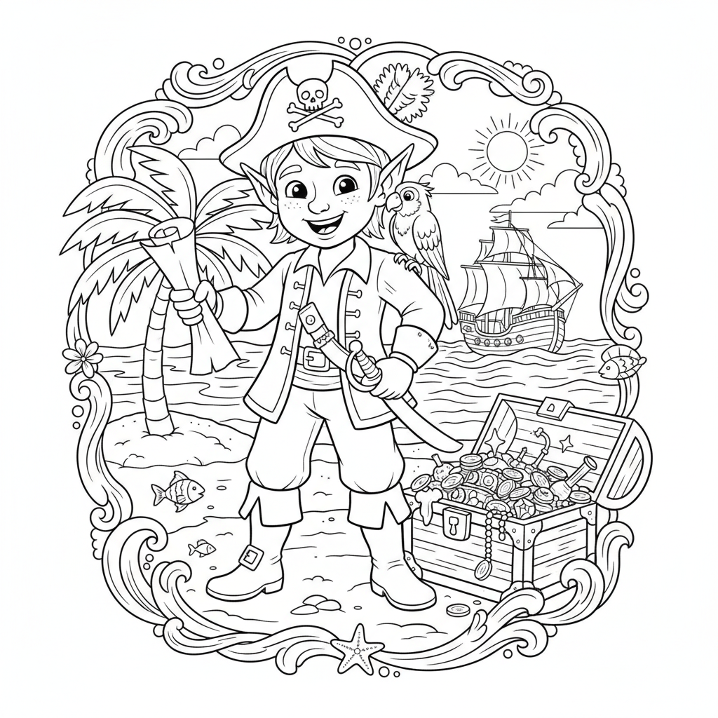 A pointy-eared elf character in pirate costume treasure adventure - Free Printable Coloring Page