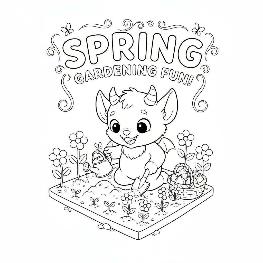 A small fanged creature gardening and planting tiny flowers spring - Free Printable Coloring Page A small fanged creature gardening and planting tiny flowers spring - Free Printable Coloring Page
